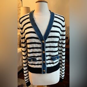 NWOT Laundry By Shelli Segal Black and Cream Striped Cardigan with denim Trim